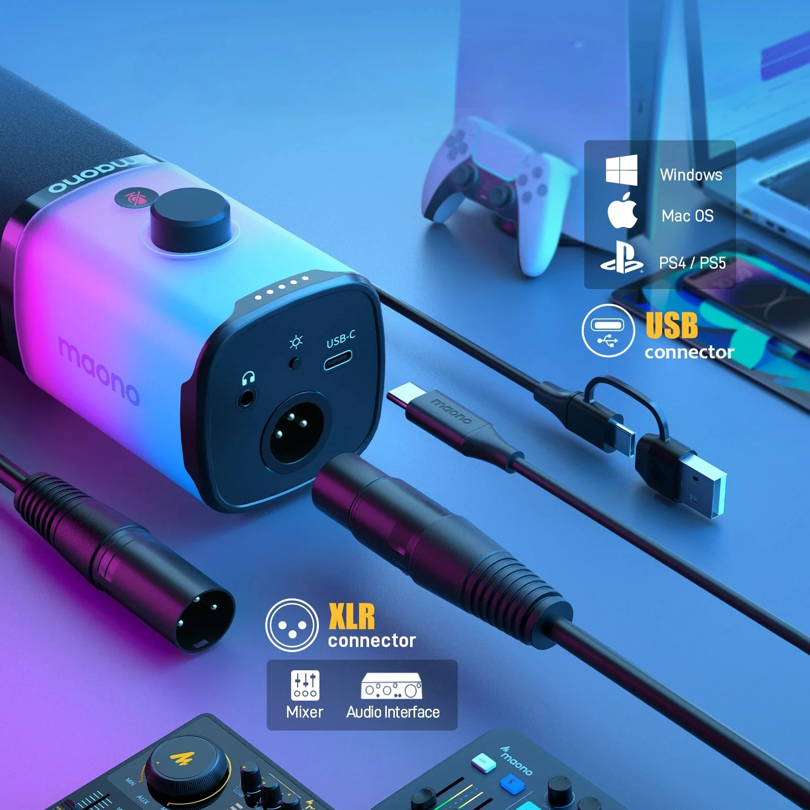 MAONO PD100X – מיקרופון גיימינג דינמי עם הפחתת רעשים ותאורת RGB - Image 3